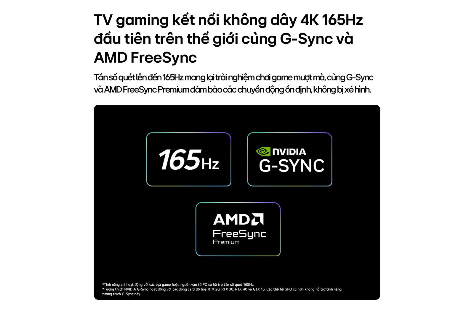 LG OLED evo AI W6 Wallpaper TV for Unbeatable Gameplay in 4K 165Hz shows a high-speed racing game with a yellow open-wheel car in motion, bold “WIN” text on screen, and NVIDIA G-SYNC and AMD FreeSync Premium logos at the top.
